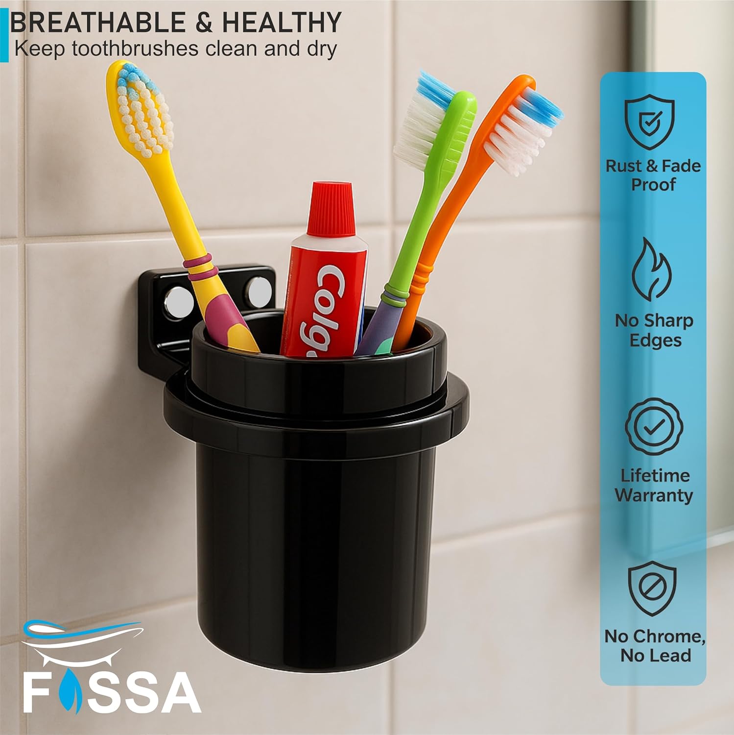 Fossa Classy Quartz Ceramic Brush Holder – Wall Mounted Round Brush Stand for Bathroom | Standing Toothbrush Holder, Scratch-Resistant | Black Glossy Finish (Black) - Fossa Home 