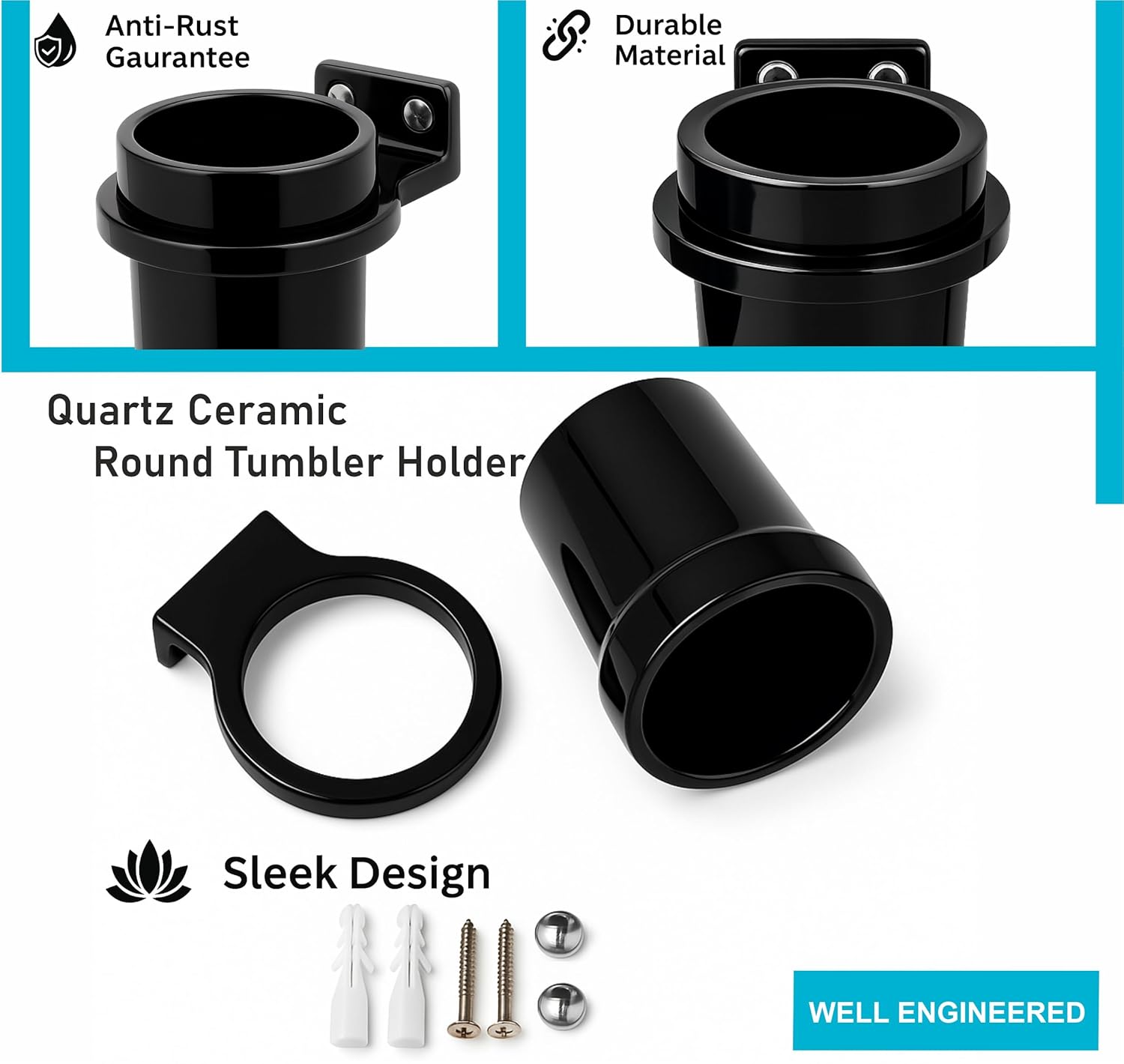 Fossa Classy Quartz Ceramic Brush Holder – Wall Mounted Round Brush Stand for Bathroom | Standing Toothbrush Holder, Scratch-Resistant | Black Glossy Finish (Black) - Fossa Home 