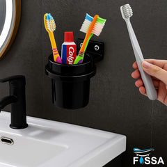 Fossa Classy Quartz Ceramic Brush Holder – Wall Mounted Round Brush Stand for Bathroom | Standing Toothbrush Holder, Scratch-Resistant | Black Glossy Finish (Black) - Fossa Home 