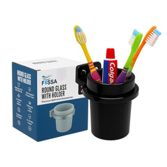 Fossa Classy Quartz Ceramic Brush Holder – Wall Mounted Round Brush Stand for Bathroom | Standing Toothbrush Holder, Scratch-Resistant | Black Glossy Finish (Black) - Fossa Home 