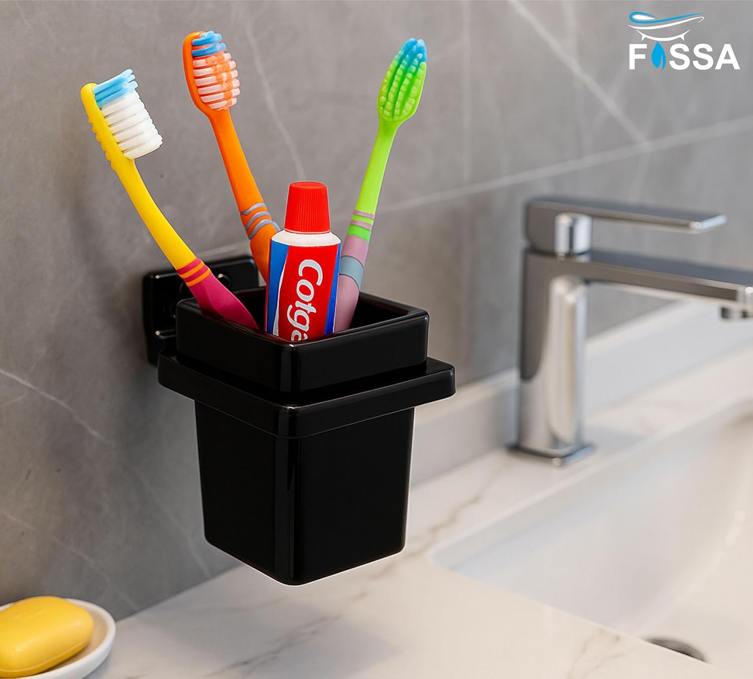 Fossa Square Brush Holder – Wall Mounted Toothbrush Stand for Bathroom | Standing Toothbrush Holder, Scratch Resistant, Durable Grip | Black (Glossy Finish) - Fossa Home 