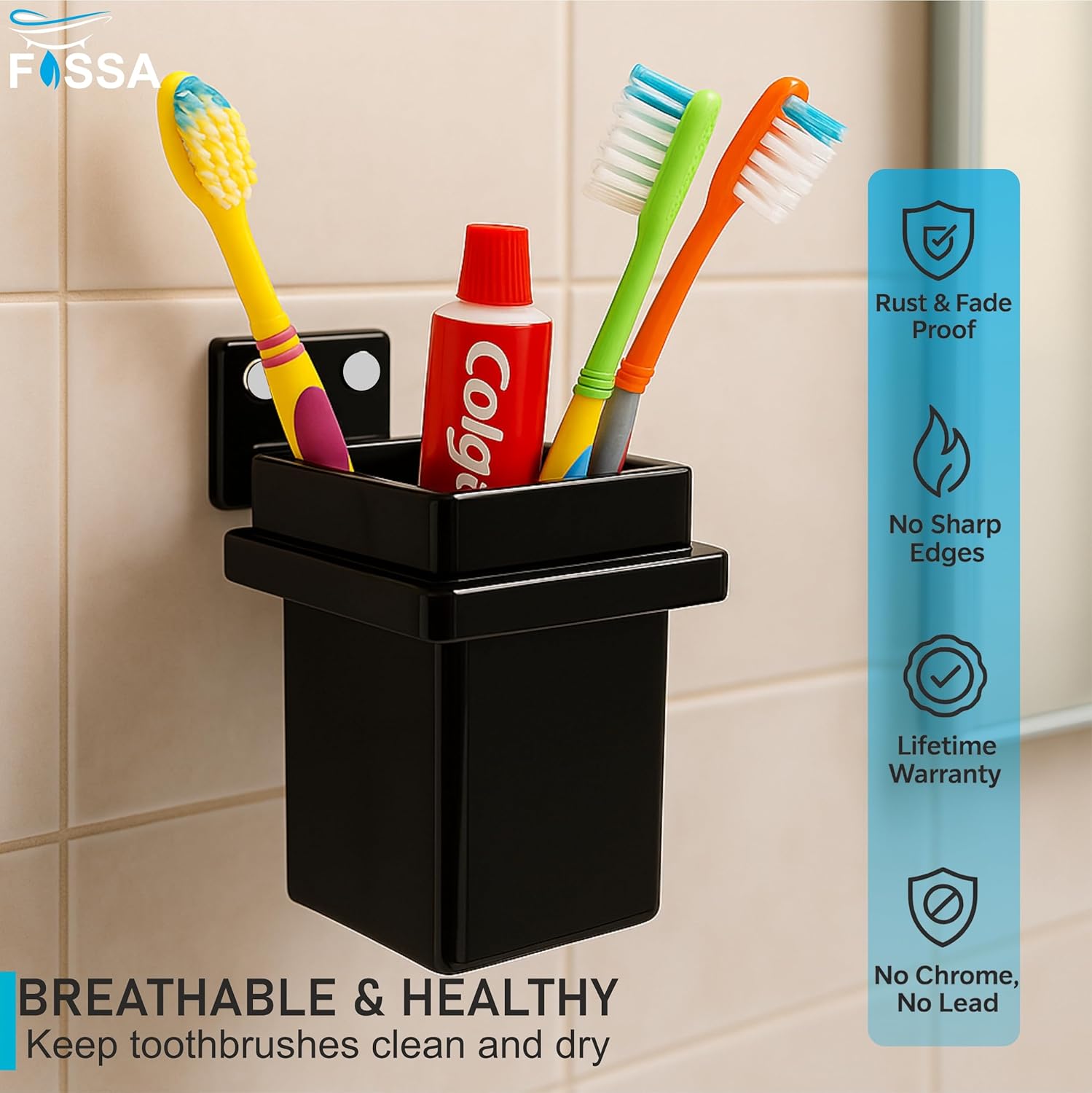 Fossa Square Brush Holder – Wall Mounted Toothbrush Stand for Bathroom | Standing Toothbrush Holder, Scratch Resistant, Durable Grip | Black (Glossy Finish) - Fossa Home 