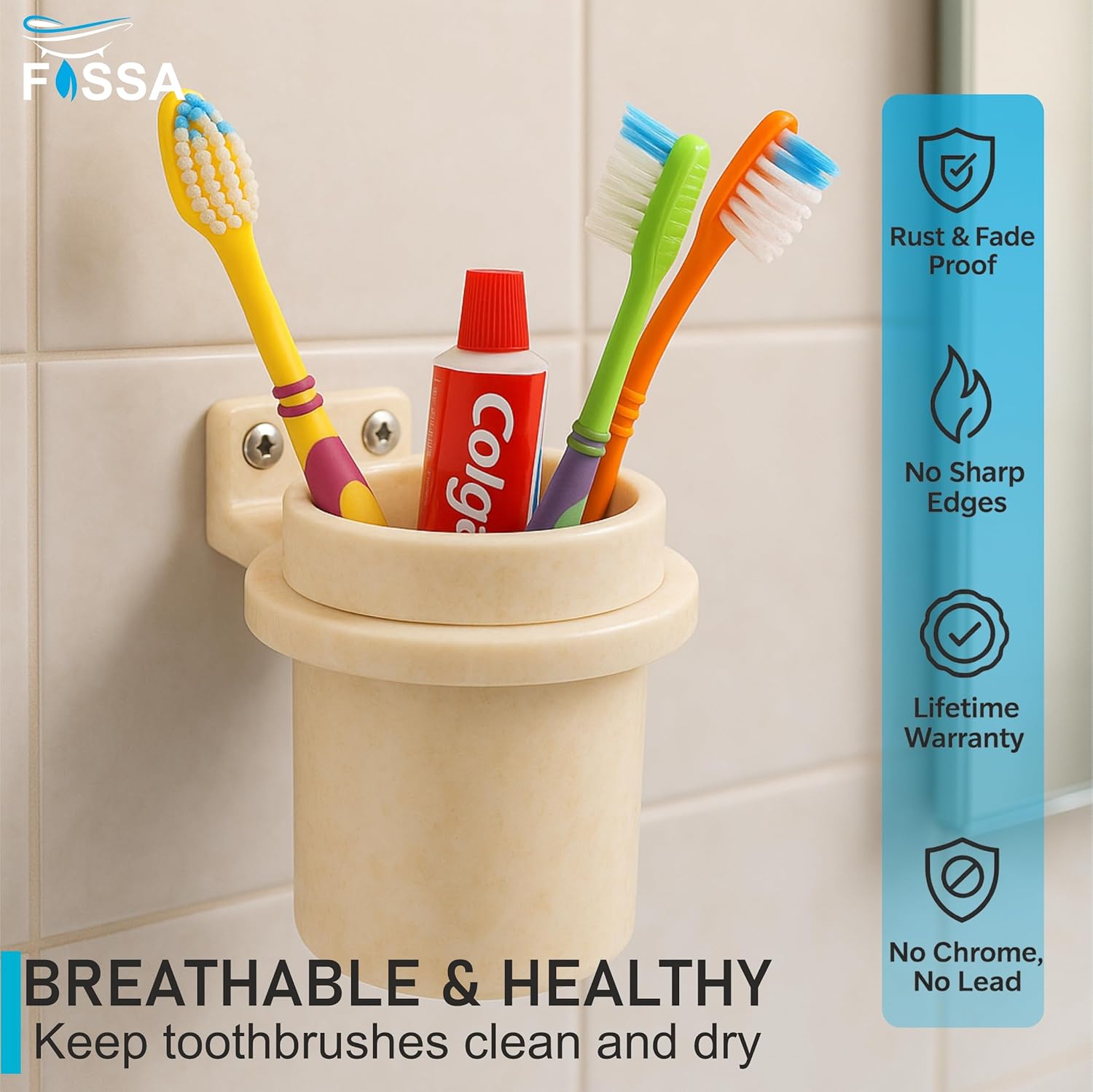 FOSSA Quartz Ceramic Brush Holder – Wall Mounted Round Brush Stand for Bathroom | Anti-Bacterial, Hard Water Stain Resistant, Anti-Slip Grip | Marble Glossy Finish - Fossa Home 