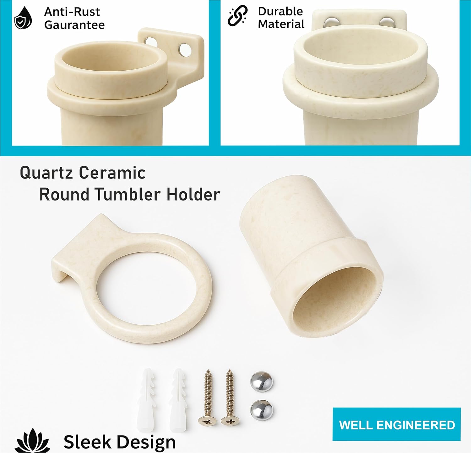 FOSSA Quartz Ceramic Brush Holder – Wall Mounted Round Brush Stand for Bathroom | Anti-Bacterial, Hard Water Stain Resistant, Anti-Slip Grip | Marble Glossy Finish - Fossa Home 