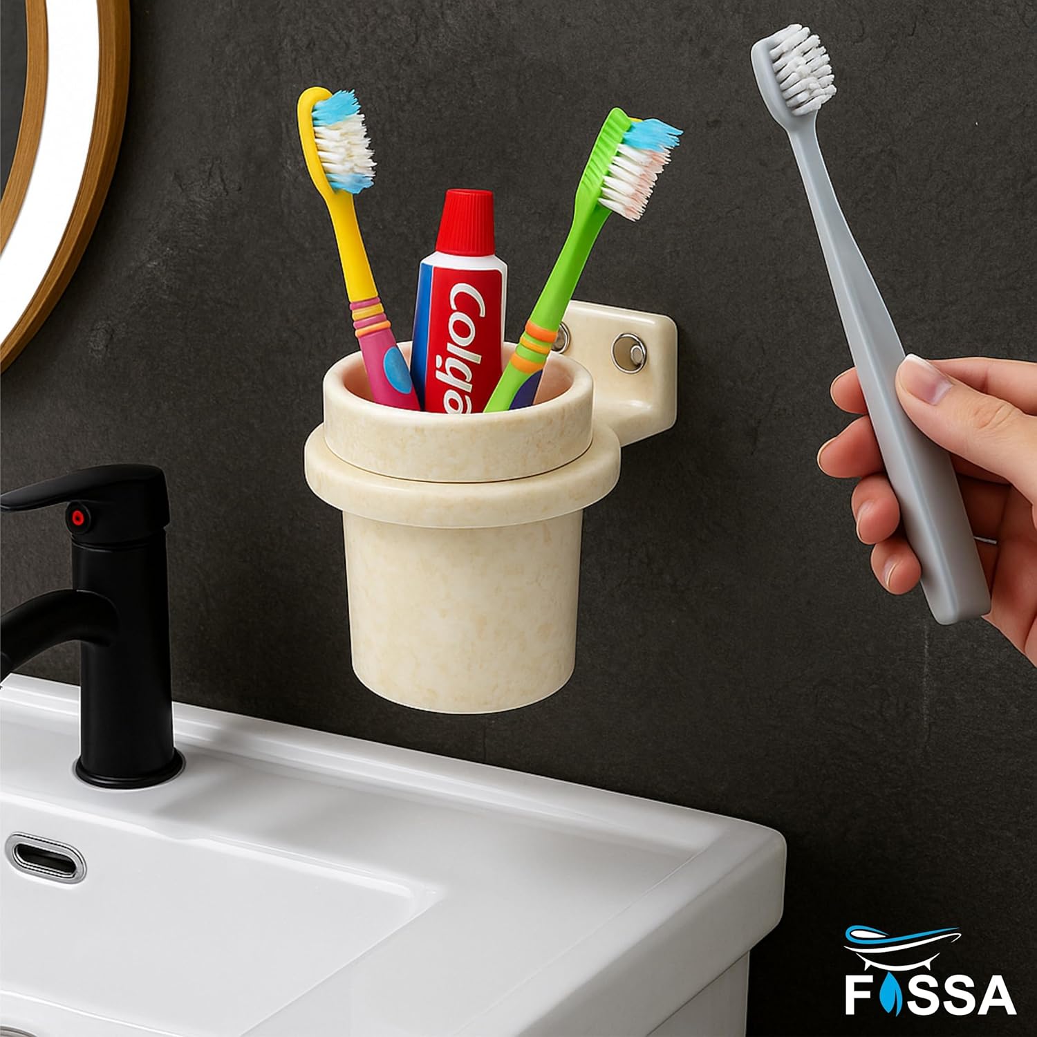 FOSSA Quartz Ceramic Brush Holder – Wall Mounted Round Brush Stand for Bathroom | Anti-Bacterial, Hard Water Stain Resistant, Anti-Slip Grip | Marble Glossy Finish - Fossa Home 