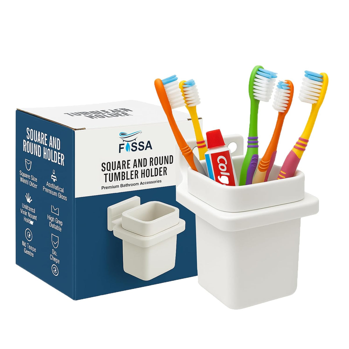 Fossa Square Brush Holder – Wall Mounted Ceramic Toothbrush Stand for Bathroom | Standing Toothbrush Holder, Scratch Resistant | White (Glossy Finish) - Fossa Home 