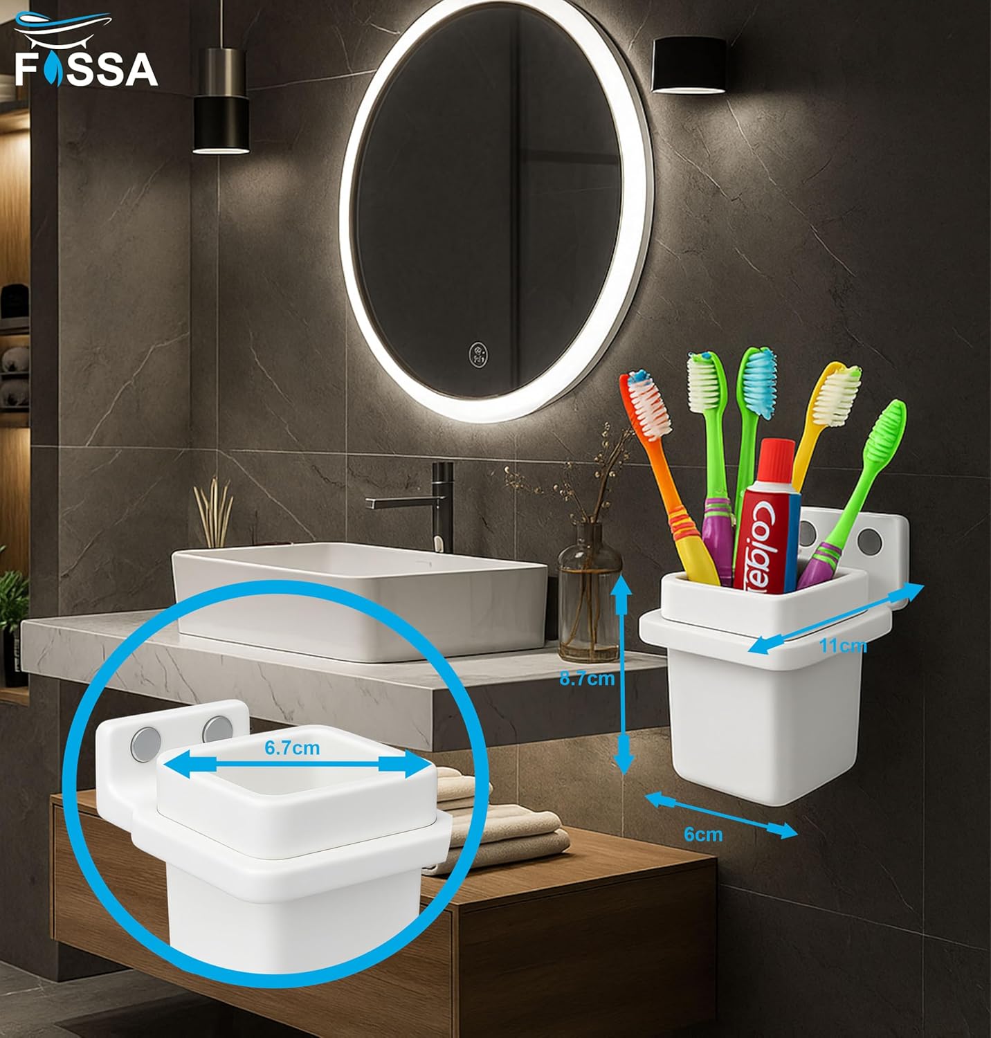 Fossa Square Brush Holder – Wall Mounted Ceramic Toothbrush Stand for Bathroom | Standing Toothbrush Holder, Scratch Resistant | White (Glossy Finish) - Fossa Home 