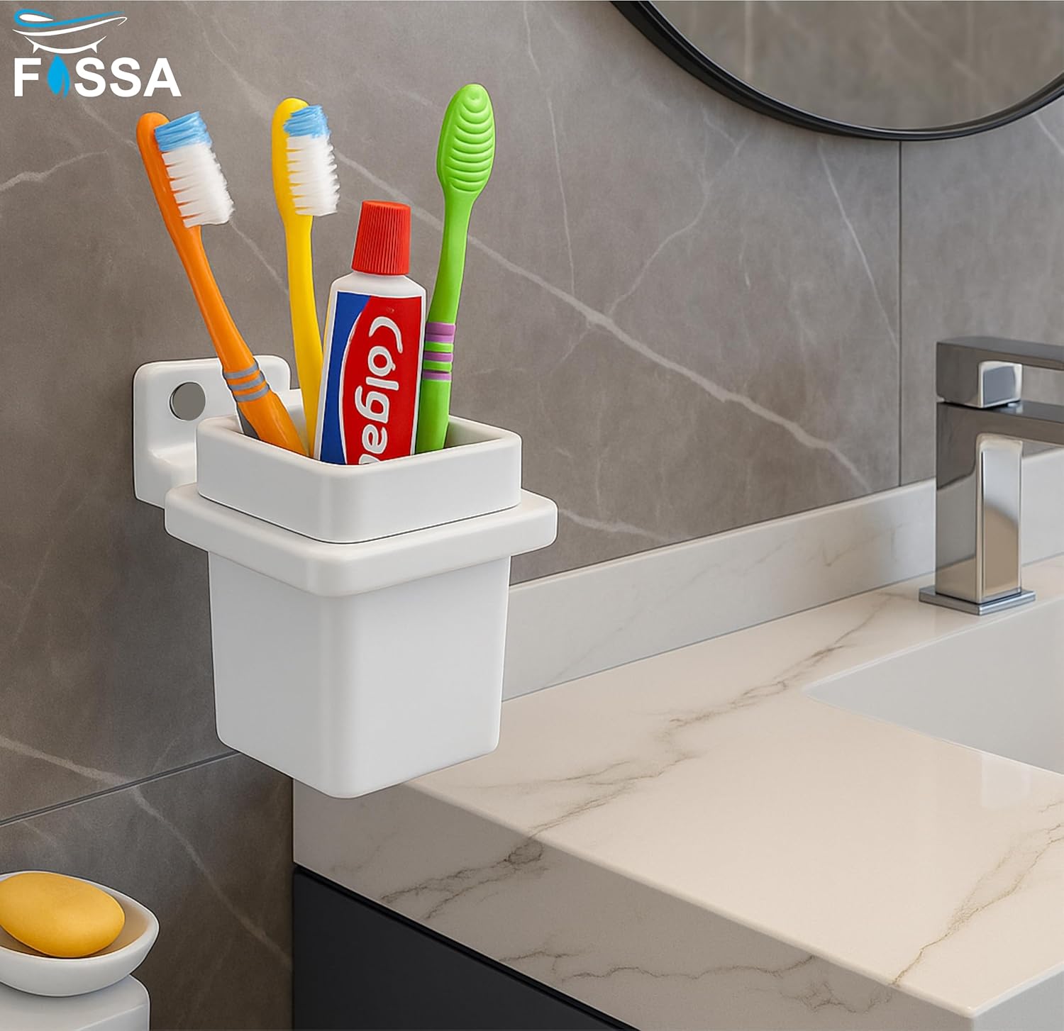 Fossa Square Brush Holder – Wall Mounted Ceramic Toothbrush Stand for Bathroom | Standing Toothbrush Holder, Scratch Resistant | White (Glossy Finish) - Fossa Home 