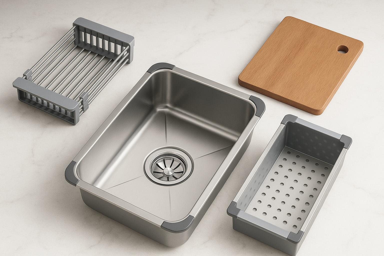 Stainless steel kitchen sink with accessories on a light background