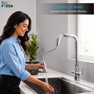 Elegant Cacia chrome sink mixer with hot and cold water connection, rotating spout and stainless steel construction