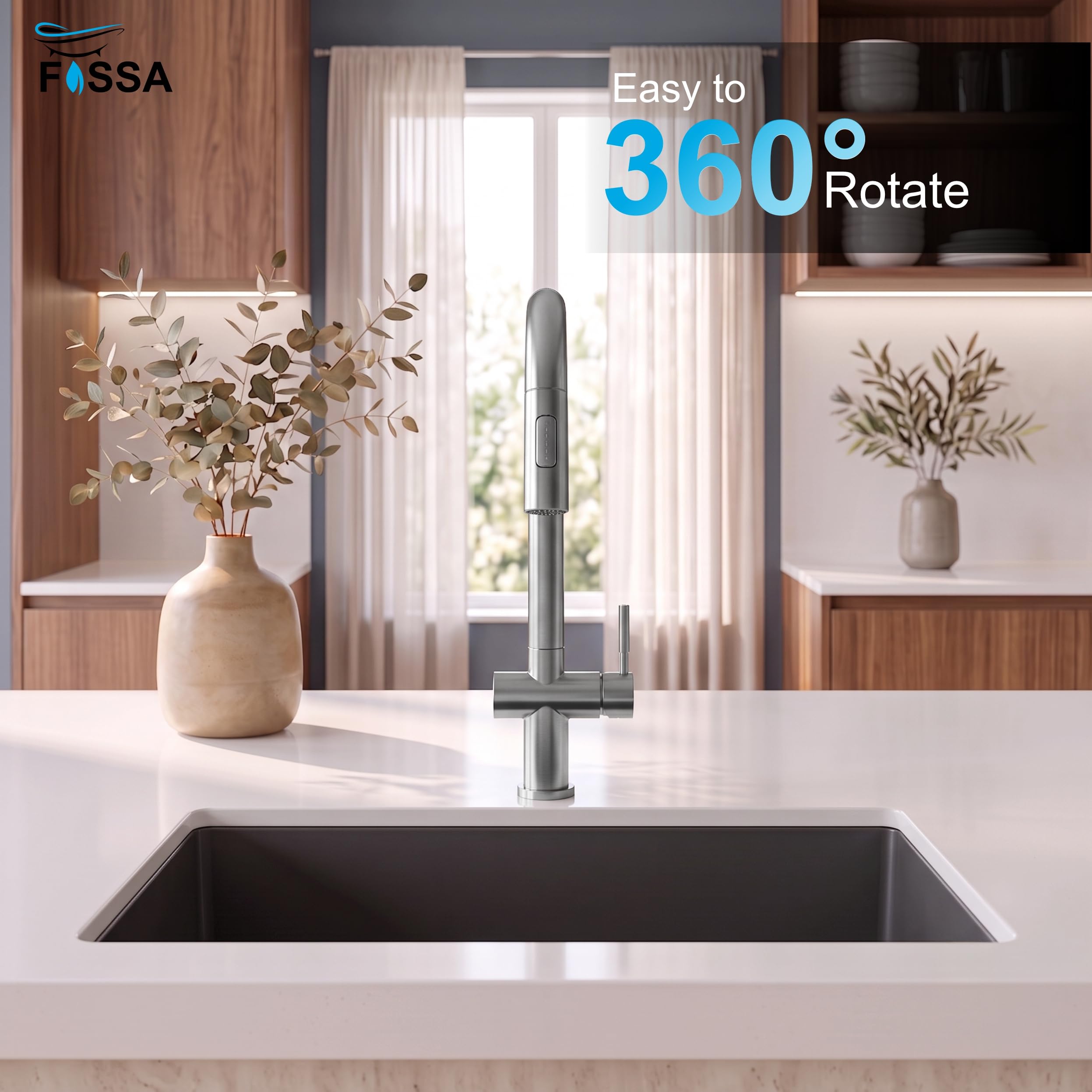 Cacia Dual-Flow Silver Kitchen Mixer with pull-out spray function, rotating spout and premium SUS 304 material