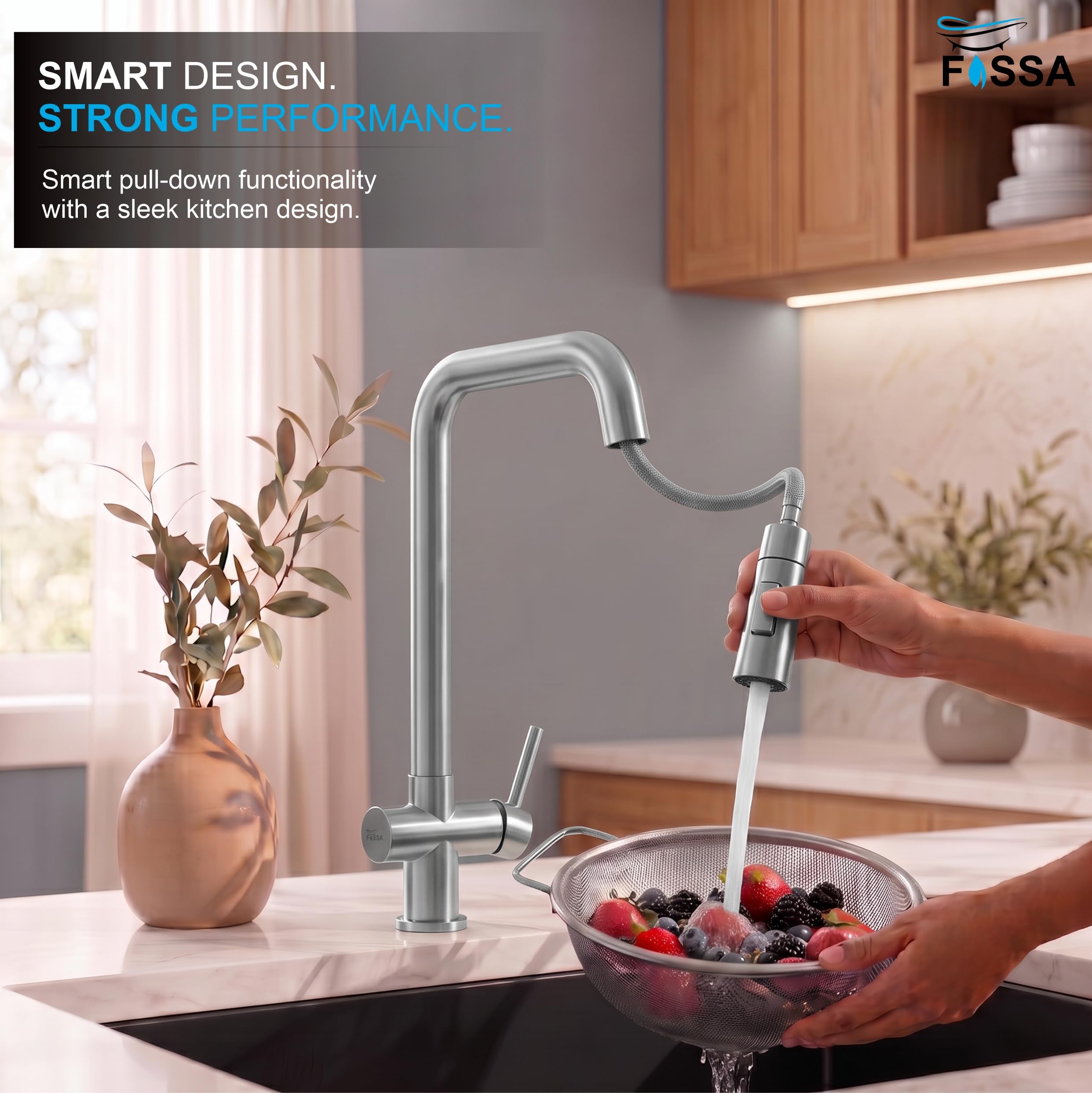 Cacia Flexible Silver Kitchen Faucet with two water modes, movable spray outlet and strong SUS 304 steel body