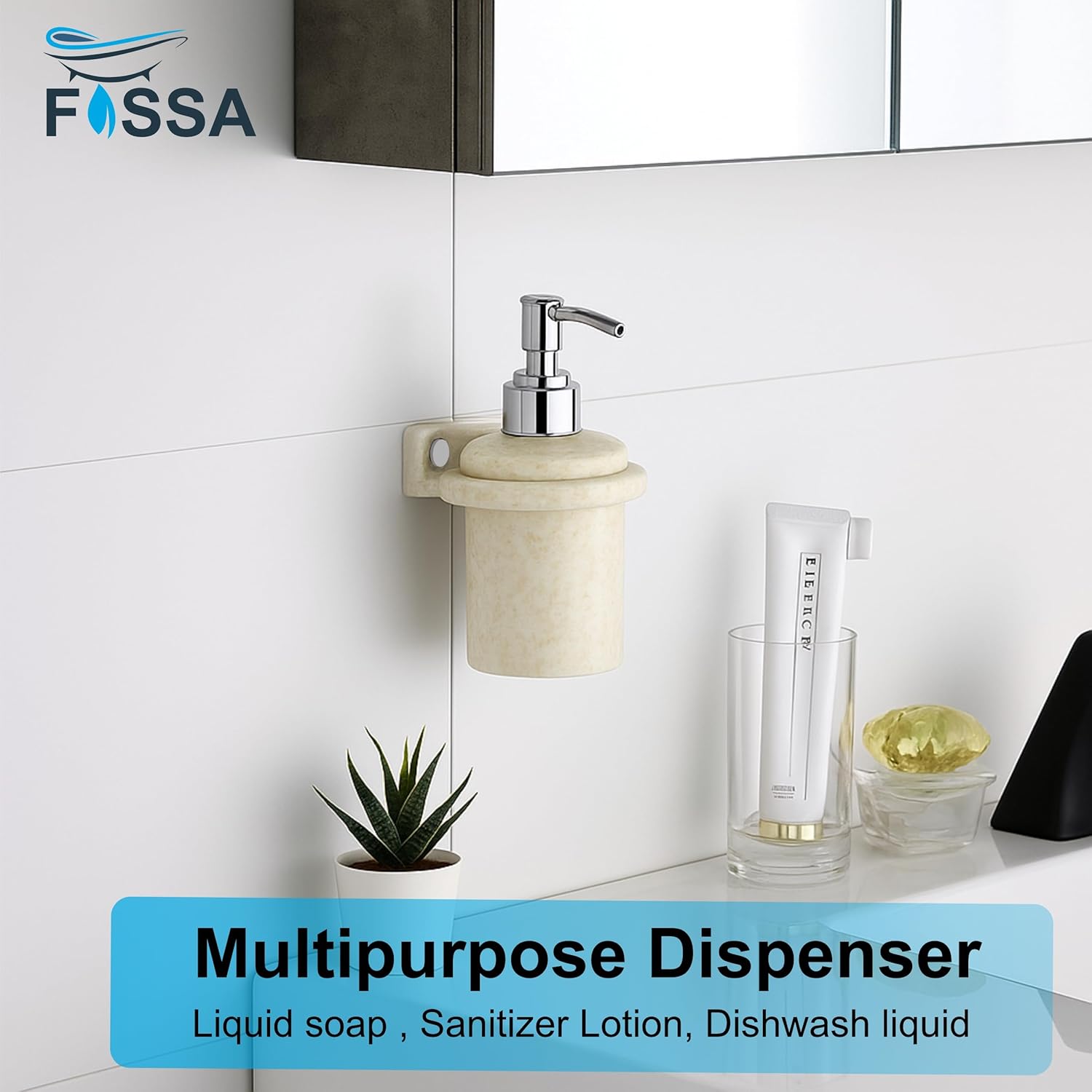 Fossa Classy Soap Dispenser for Bathroom & Kitchen – Wall Mounted Dispenser for Hand Wash & Face Wash | Ceramic Body Ivory (Glossy Finish) - Fossa Home 