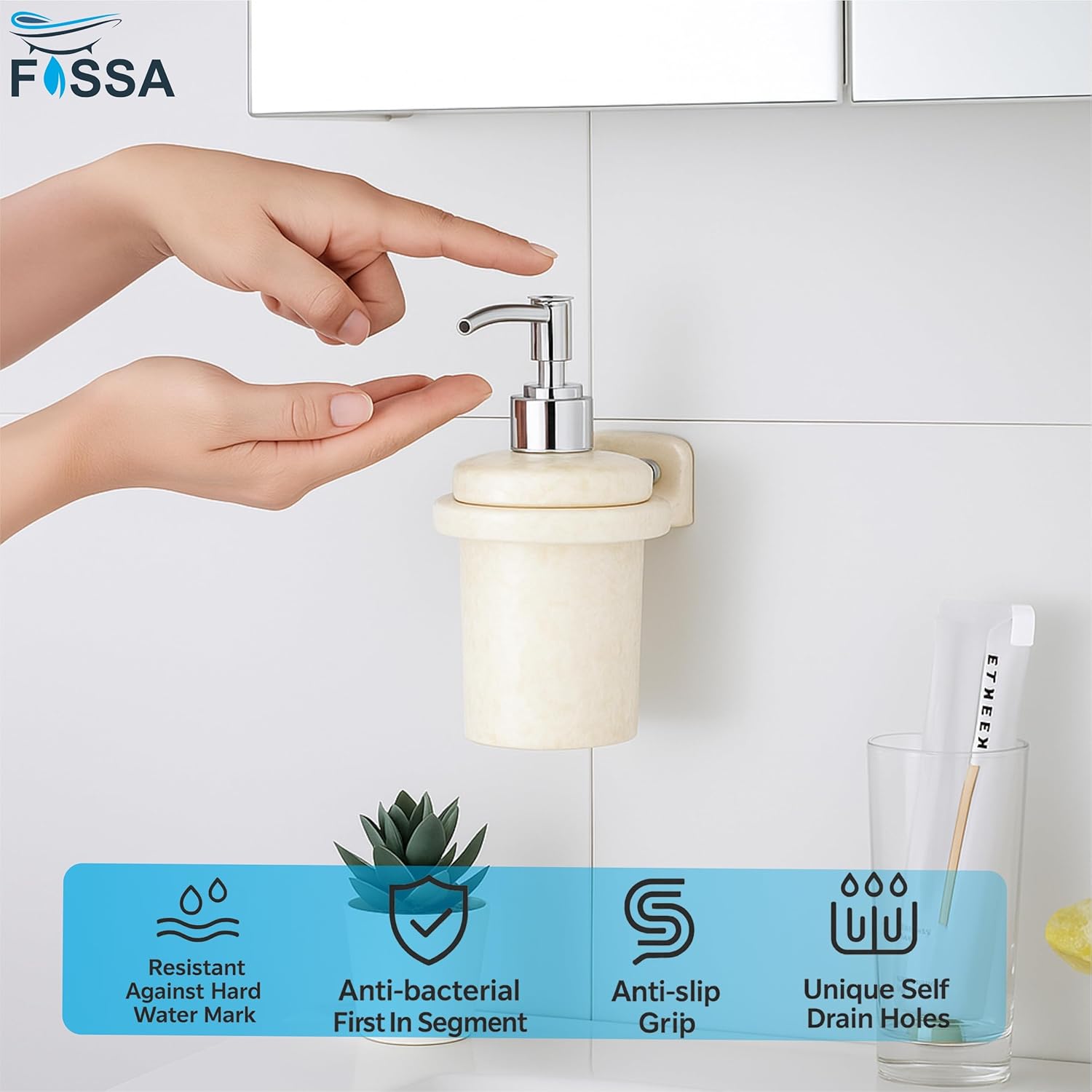 Fossa Classy Soap Dispenser for Bathroom & Kitchen – Wall Mounted Dispenser for Hand Wash & Face Wash | Ceramic Body Ivory (Glossy Finish) - Fossa Home 