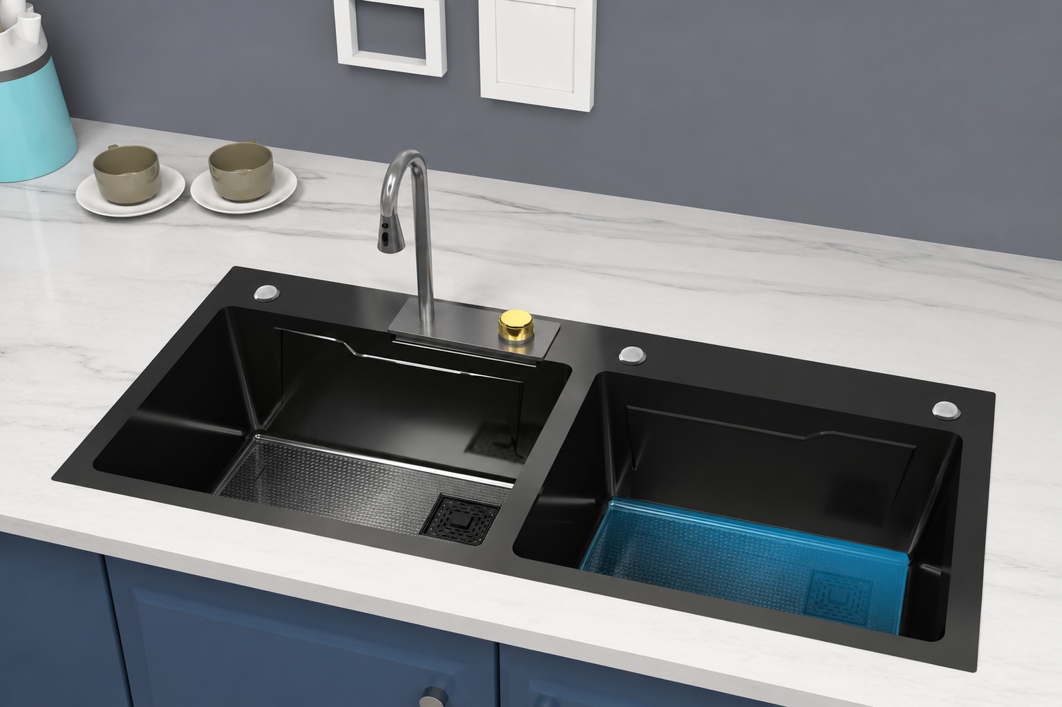 Black kitchen sink with faucet on a white 