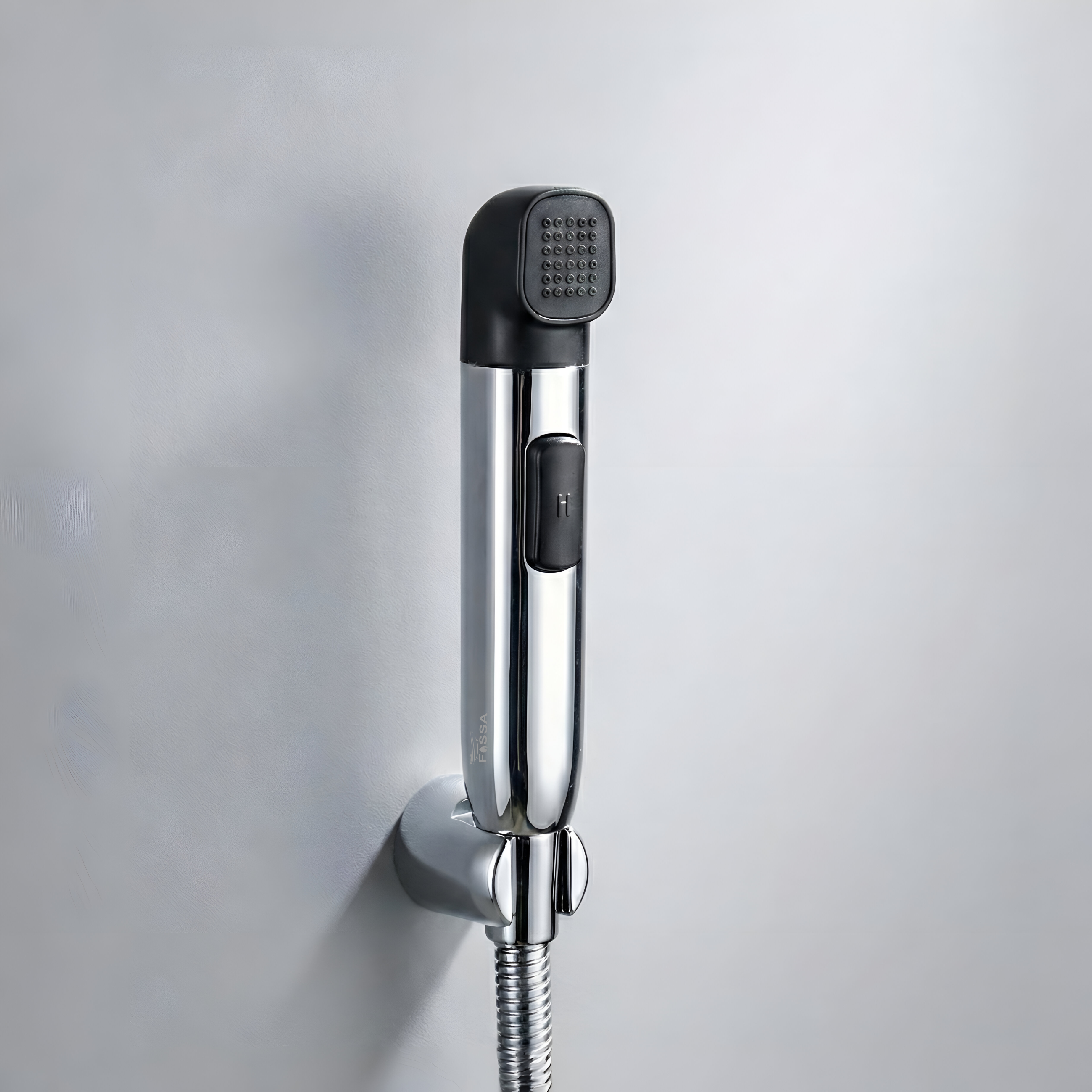 Shower head with black nozzle on a gray background