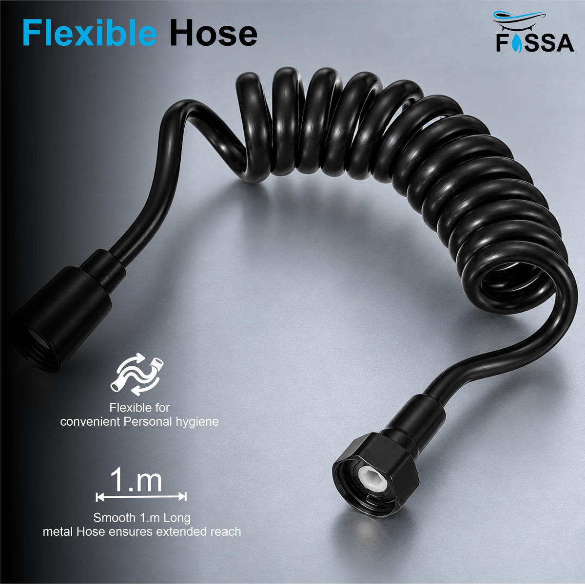 Close-up view of Fossa Erica black ABS health faucet with matte finish