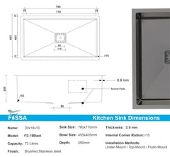 Fossa 30"x18"x10" Inch Single Bowl Premium Stainless Steel Handmade Kitchen Sink (Matte Finish) Black