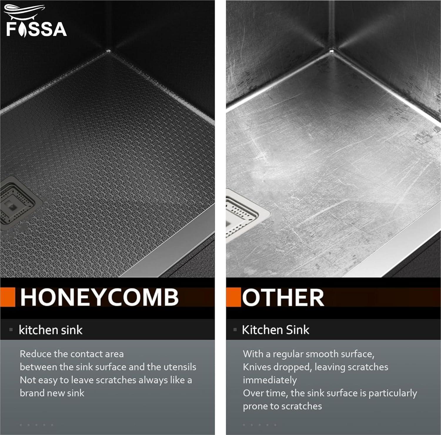 Fossa 18"x16"x09" Single Bowl 304 Grade Honeycomb Embossed Handmade Kitchen Sink with Black Nano Coating, Stainless Steel Sink (Black) - Fossa Home
