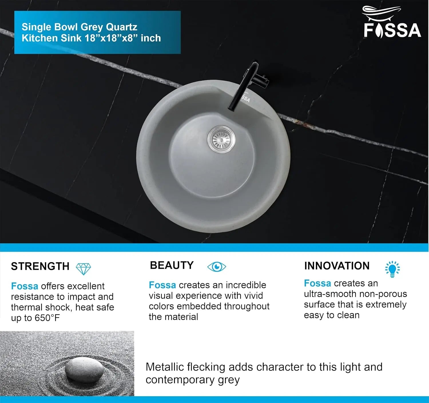 Fossa 18"x18"x08" Inch Round Bar Sink, Single Bowl Kitchen Sinks, Quartz German Engineered Technology Kitchen Sink Easy - to - Clean Sink for Outdoor Indoor Catering Restaurant Hospital (Grey) - Fossa Home