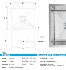 Fossa 18"x18"x09" inch Single Bowl 304 Grade Stainless Steel Handmade Kitchen Sink (Matte Finish) Silver - Fossa Home