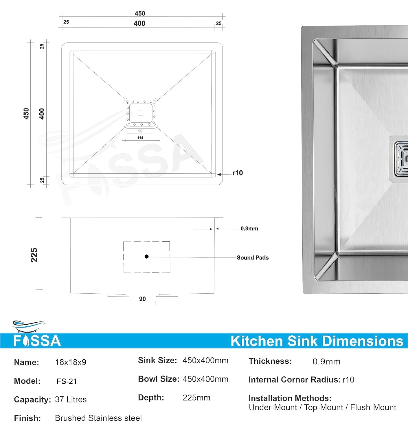 Fossa 18"x18"x09" inch Single Bowl Premium Stainless Steel Handmade Kitchen Sink (Matte Finish) Silver - Fossa Home