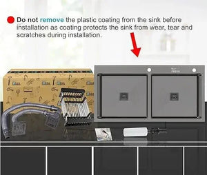 Fossa 45"x20"x10" Inch Double Bowl Tap Hole With Soap Dispenser 304 Grade Stainless steel Handmade Kitchen Sink ( Black ) - Fossa Home