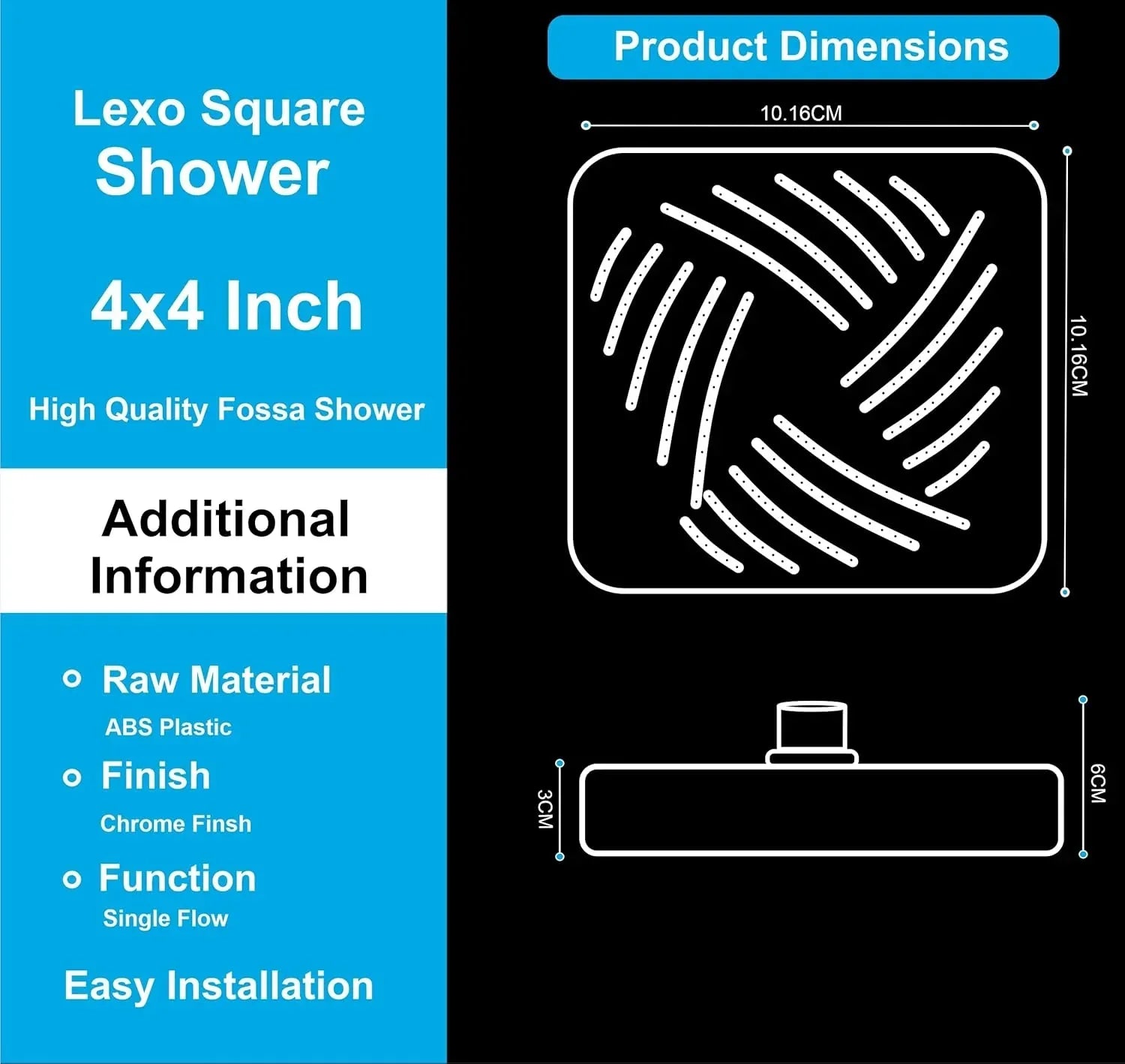 Fossa 4"x4" Square Lexo Shower Head - High Pressure Rain - Luxury Design - 1 - Min Install - Easy Clean Adjustable for Your Bathroom Shower Heads (Without Arm) - Fossa Home