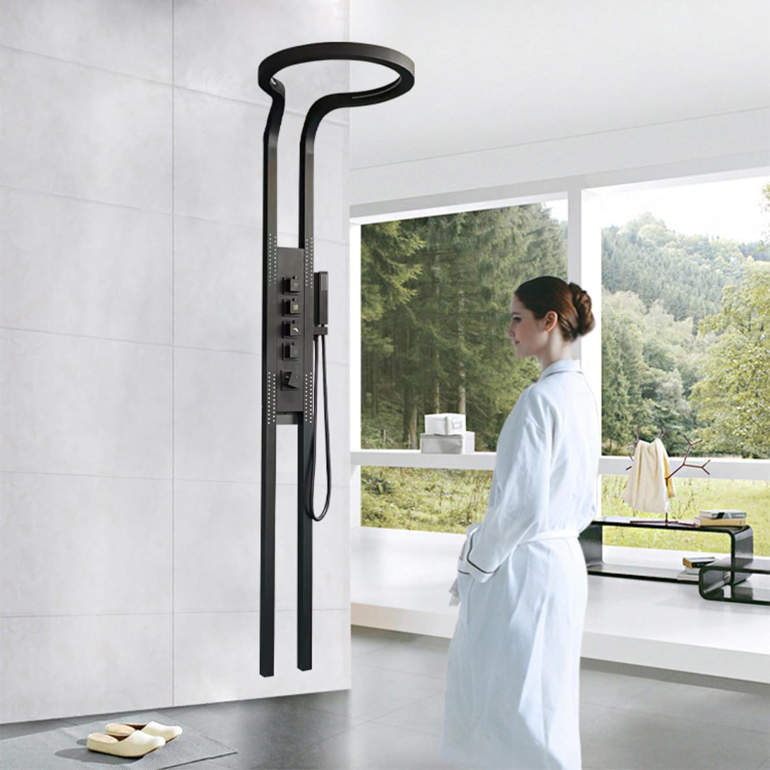 Fossa Bathroom Shower Screen Large Circular Shower Set Home Flush Back Sprinkler Waterfall Hot and Cold Water (Black) - Fossa Home