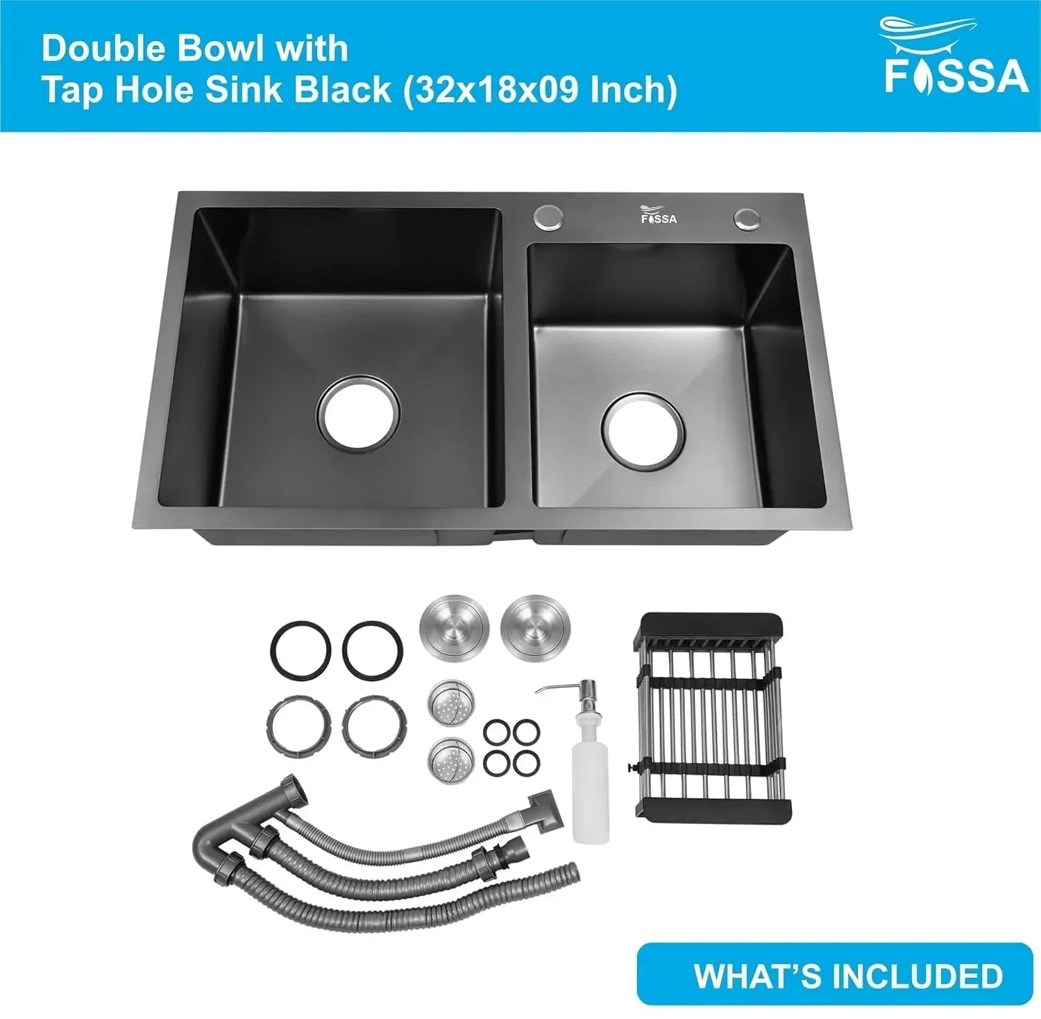 Fossa Black Kitchen Sink - 32" x18" x 09" Inch Stainless Steel Double Bowl Sink with Tap Hole, Drain Basket, Soap Dispenser, Drain - Topmount Sink for Campervan or Home Kitchen (Round Coupling) - Fossa Home