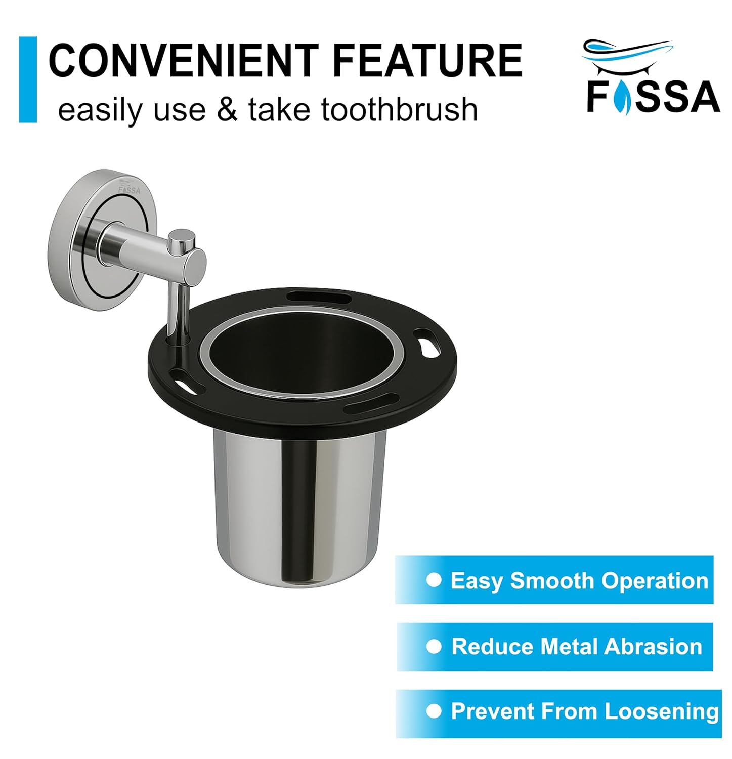 Fossa Brush Holder – Stainless Steel Wall Mounted Tumbler & Toothbrush Holder for Bathroom | Rustproof Organizer & Bathroom Accessories Set | Black + Chrome - Fossa Home