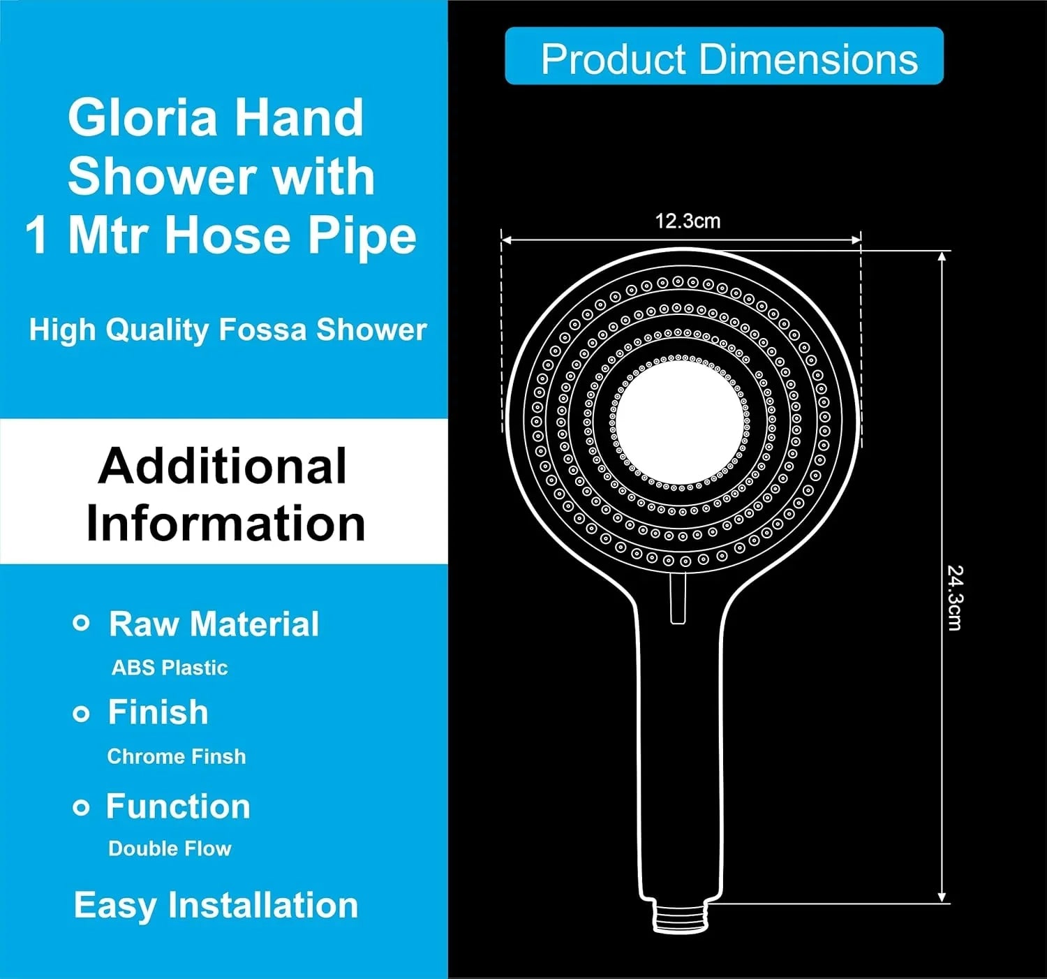 Fossa Gloria Handheld Shower Head with Holder and 1.5 Mtr Shower Hose Hand Held Showerhead High Pressure Water Saving Hand Shower Head ABS, 2 Water Outlet Mode (Hand Shower Full Set) - Fossa Home