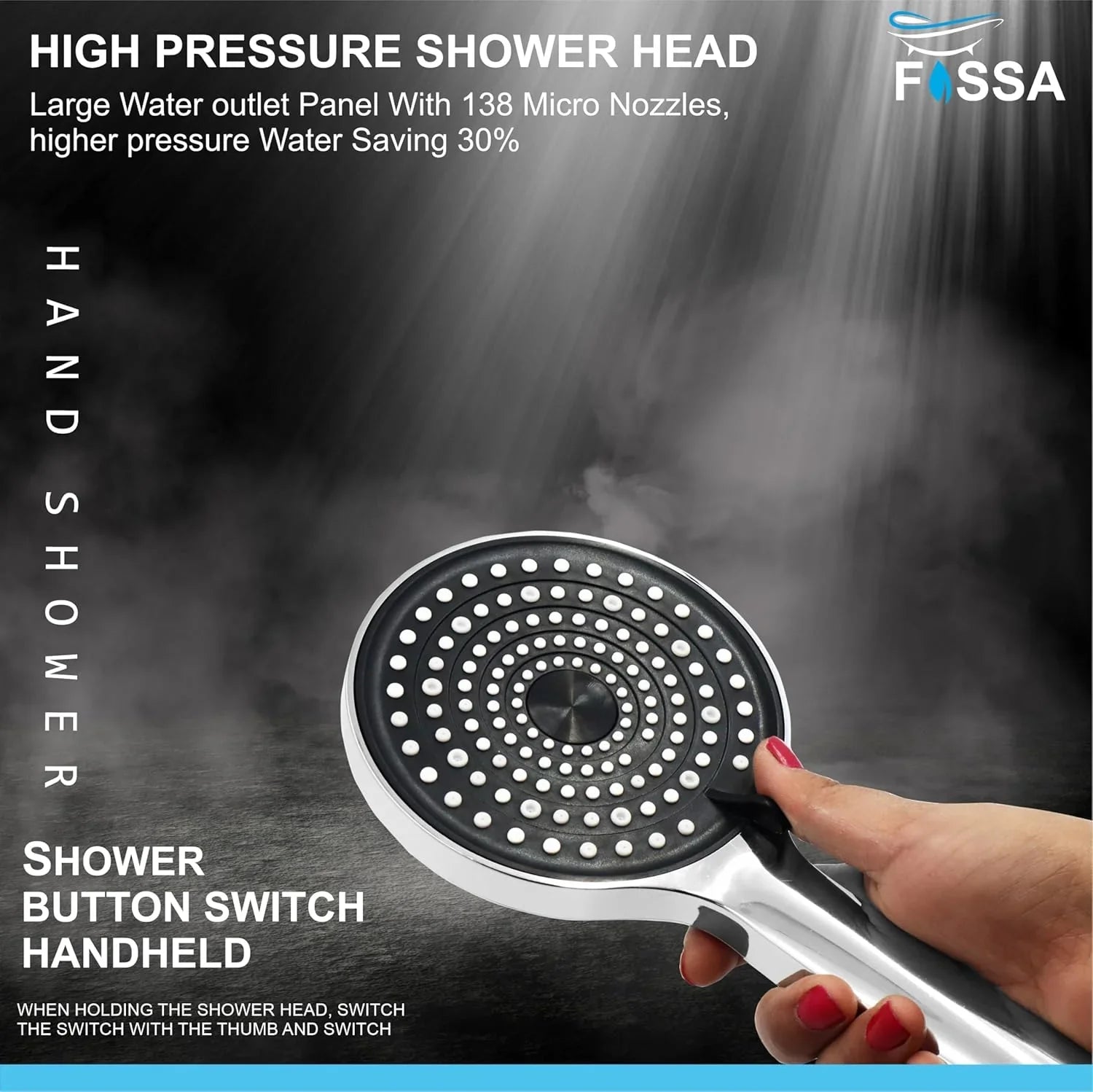 Fossa Gloria Handheld Shower Head with Holder and 1.5 Mtr Shower Hose Hand Held Showerhead High Pressure Water Saving Hand Shower Head ABS, 2 Water Outlet Mode (Hand Shower Full Set) - Fossa Home