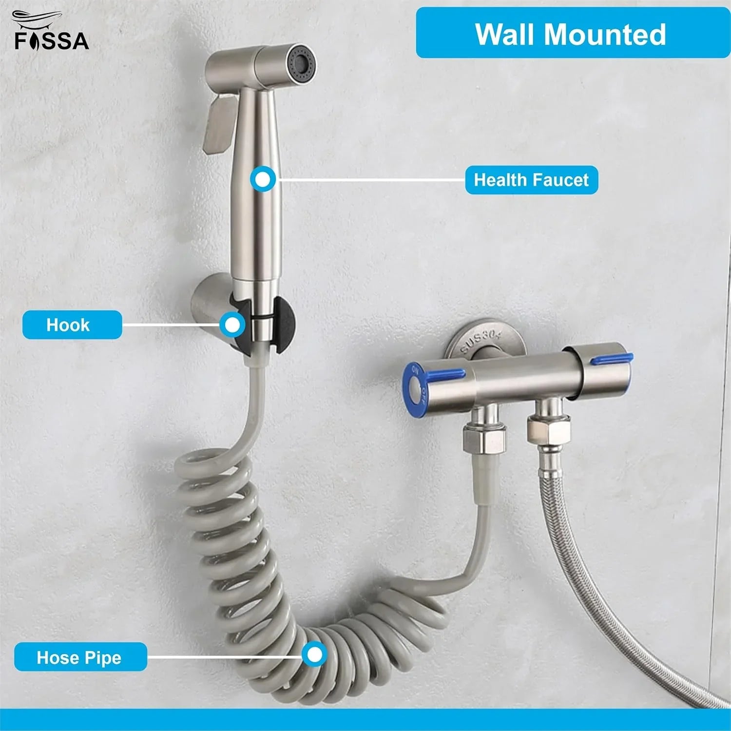 Fossa Hand Held Bidet Sprayer Premium Stainless Steel Sprayer - Health Faucet for Toilet, with 1 Mtr Spring Flexible Shower Hose Pipe,Hook ( Silver) - Fossa Home