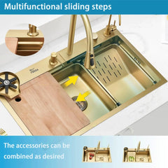 Fossa 30"x18"x10" inch Single Bowl Premium Waterfall Kitchen Sink Honeycomb Embossed Sink with White Nano Coating, Stainless Steel, Rectangular Workstation, faucet With all Accessories.Gold Fossa Home