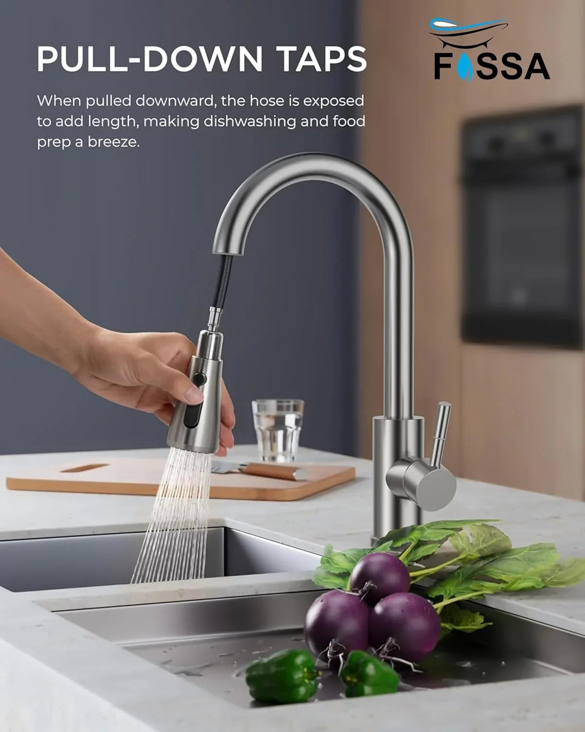 Fossa Heavy SUS 304 Stainless Steel Silver Single Lever Sink Hot & Cold Water Mixer Pull Down Tap Kitchen Sink Faucet with Pull Out Sprayer for Silver (Heavy) - Fossa Home