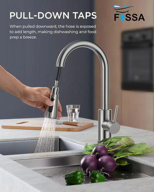 Fossa Heavy SUS 304 Stainless Steel Silver Single Lever Sink Hot & Cold Water Mixer Pull Down Tap Kitchen Sink Faucet with Pull Out Sprayer for Silver (Heavy) - Fossa Home