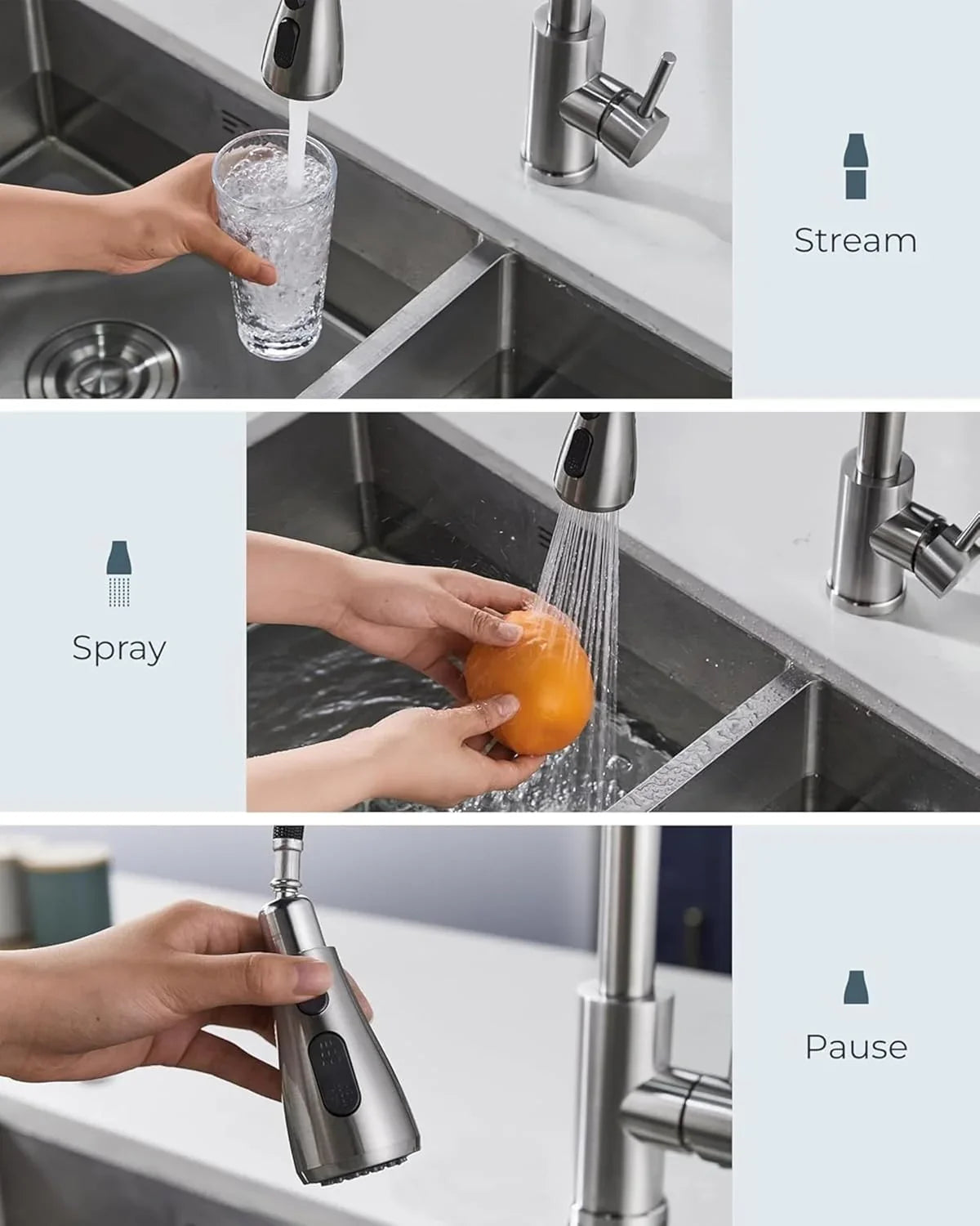 Fossa Heavy SUS 304 Stainless Steel Silver Single Lever Sink Hot & Cold Water Mixer Pull Down Tap Kitchen Sink Faucet with Pull Out Sprayer for Silver (Heavy) - Fossa Home