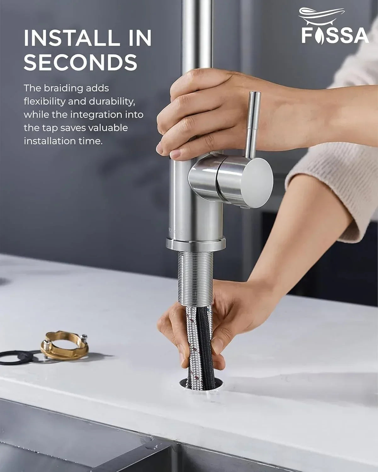 Dual-Flow Heavy SUS 304 Pull-Out 360° Hot & Cold Kitchen Mixer Faucet Siver - Fossa Home 