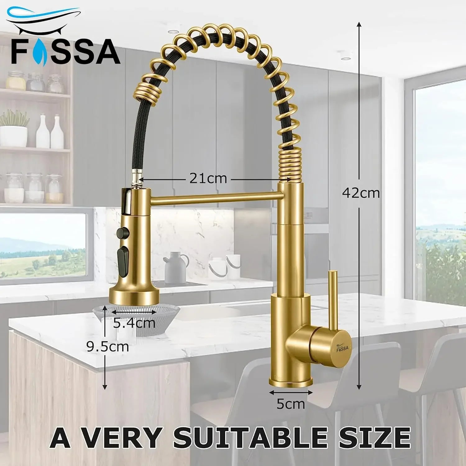 Fossa Pull Down Sprayer, Kitchen Mixer Tap 360° Swivel, Commercial Kitchen Faucet Single Handle Mixer Tap with 2 Spray Modes Brushed (Gold) Fossa Home