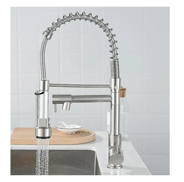 Spring Kitchen Sink Mixer Tap with Pull-Down Sprayer Silver 360° Hot & Cold - Fossa Home 