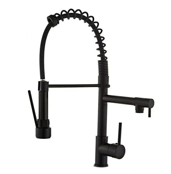 Single-Flow Dual Outlet Pull-Down 360° Hot & Cold Brushed Nikal Kitchen Mixer Faucet Black - Fossa Home 