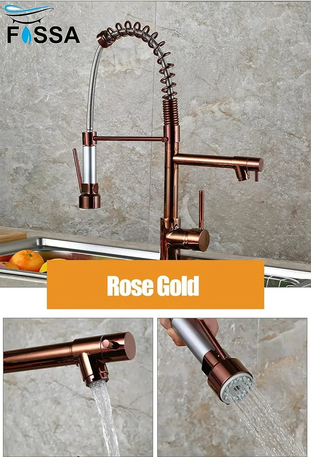 Kitchen Tap Kitchen Faucet Brushed Nickel Pull Down Kitchen Tap Single Handle 360 Degree Rotating Cold Hot Water Mixer Sink Taps Chrome (Rose Gold) Fossa Home