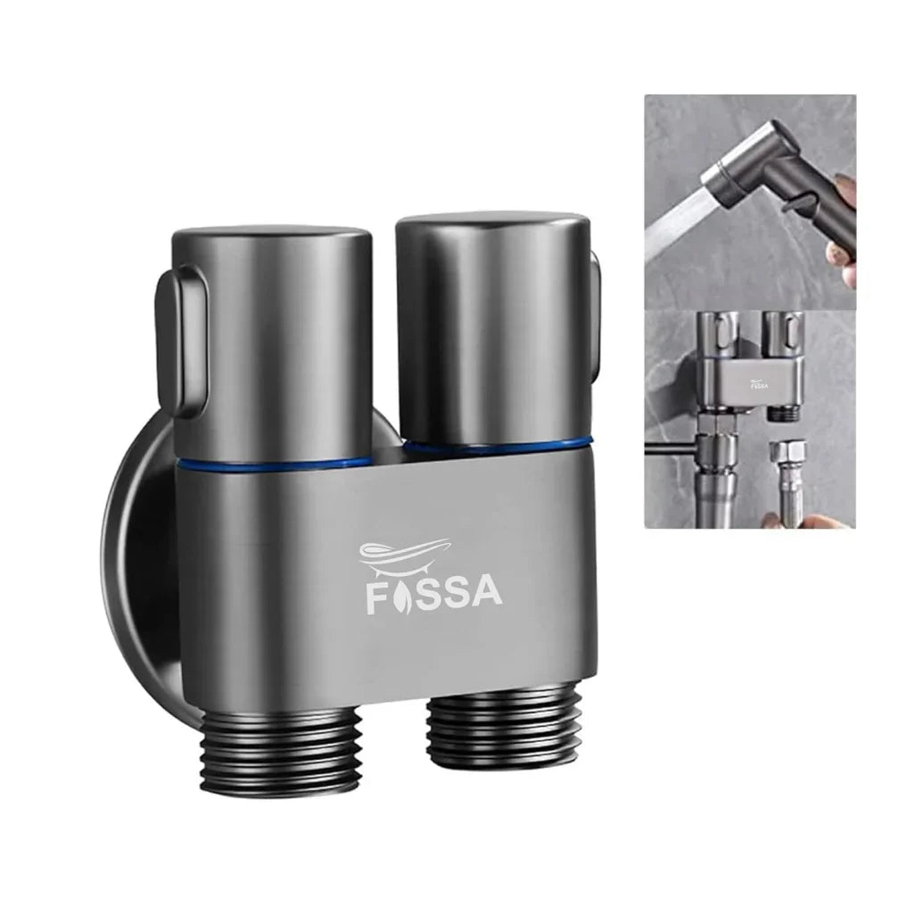 Fossa 2 in 1 Angle Cock Wall Mount Two Out Water Cleaning Sprayer Angle cock with Flange Brass Chrome Finish for Bathroom Wash Basin Toilet (Black) - Fossa Home 