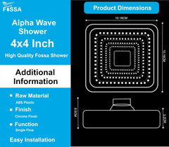 Fossa 4"x4" Square Alpha Wave Shower Head - High Pressure Rain - Luxury Design - 1-Min Install - Easy Clean Adjustable for Your Bathroom Shower Heads Chrome Finish (Without Arm) - Fossa Home 