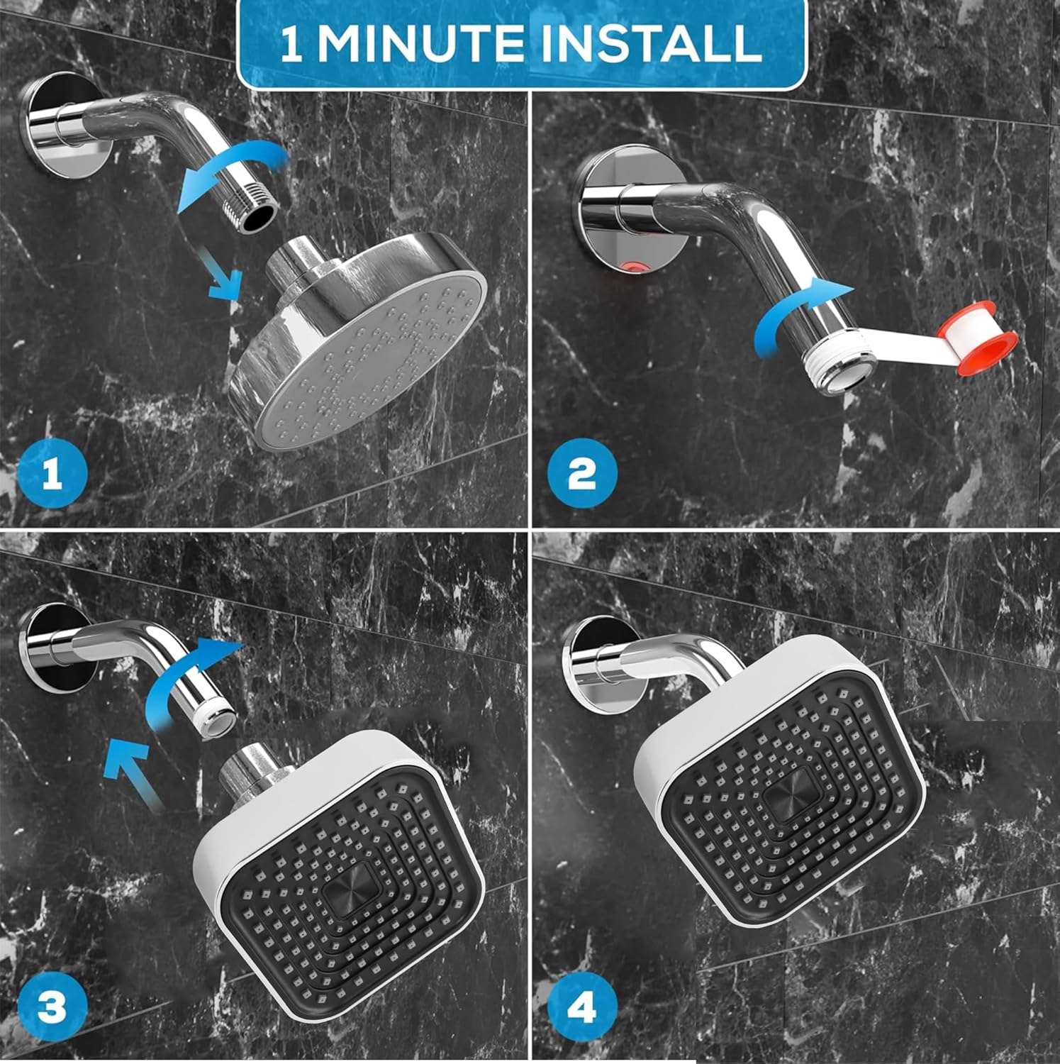 Fossa 4"x4" Square Alpha Wave Shower Head - High Pressure Rain - Luxury Design - 1-Min Install - Easy Clean Adjustable for Your Bathroom Shower Heads Chrome Finish (Without Arm) - Fossa Home 