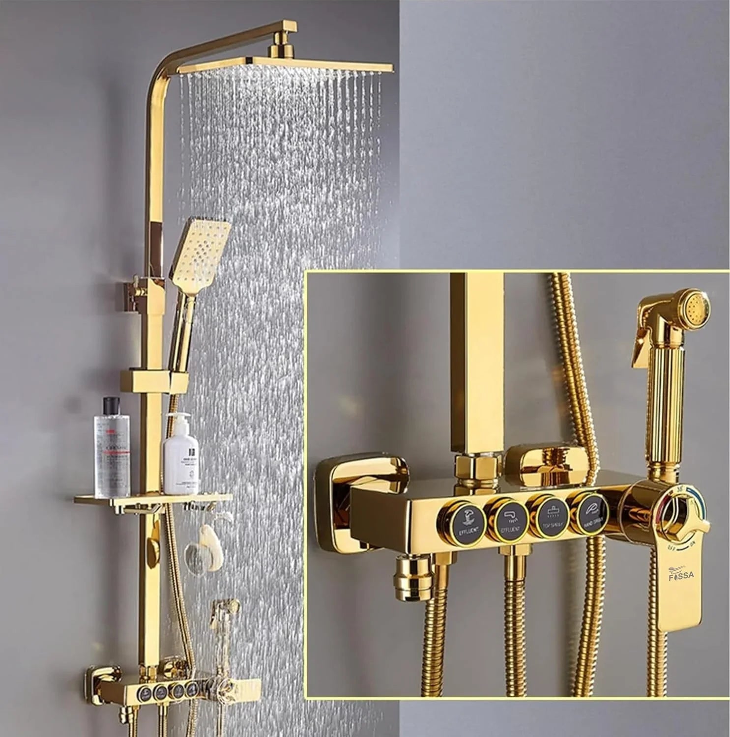 Fossa Aspire Thermostatic Rainfall & Waterfall Shower Panel Set: Wall Mounted, Brass Construction, Digital Display, 4-Function Hand Shower, Elegant Design Gold (Chrome Finish) - Fossa Home 