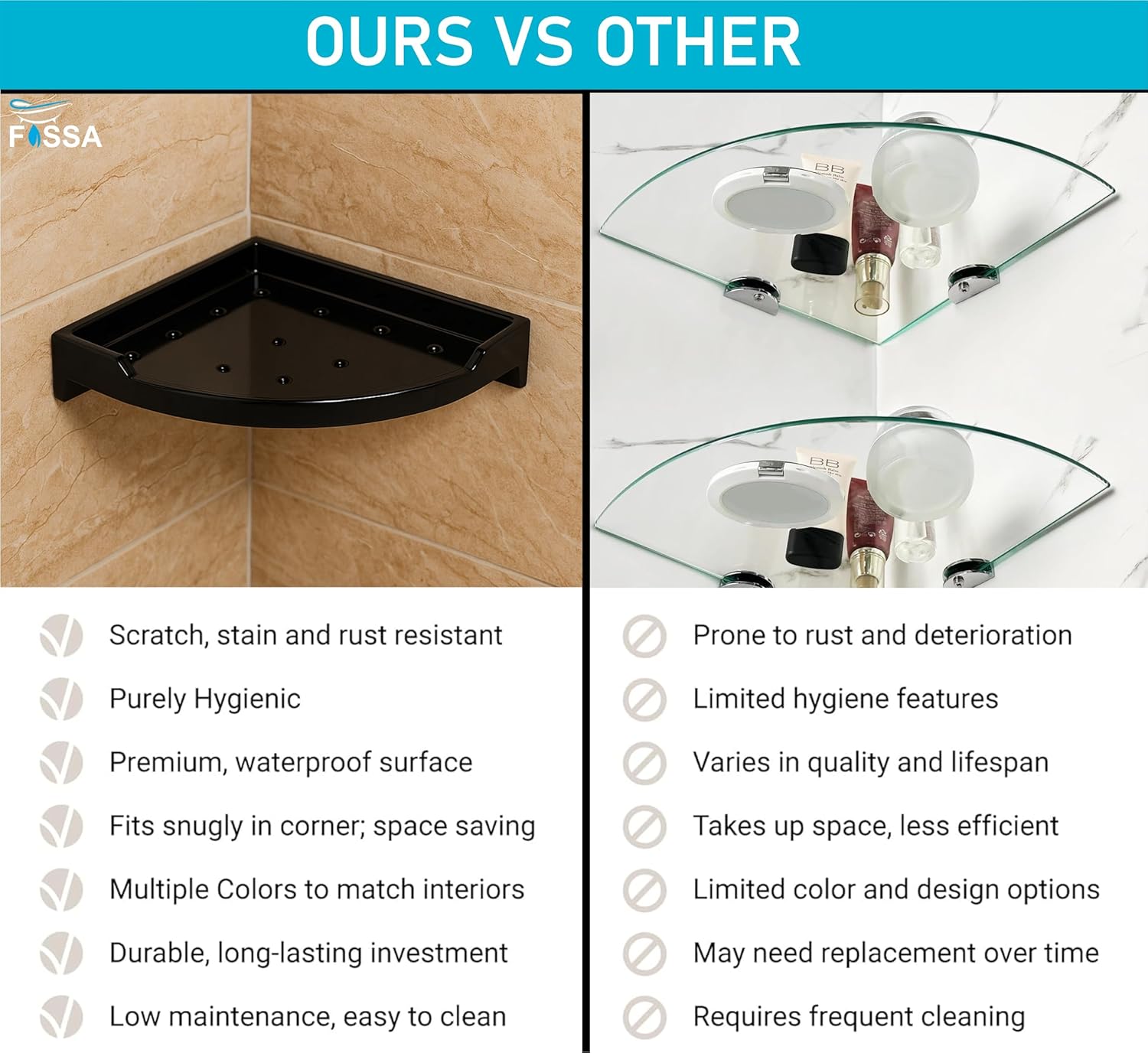 Fossa Classic Ceramic Corner Wall Shelf for Bathroom & Living Room – Wall Mounted Corner Stand for Toilet | Space-Saving Waterproof Bathroom Corner Shelf Black Glossy Finish (Black) - Fossa Home 