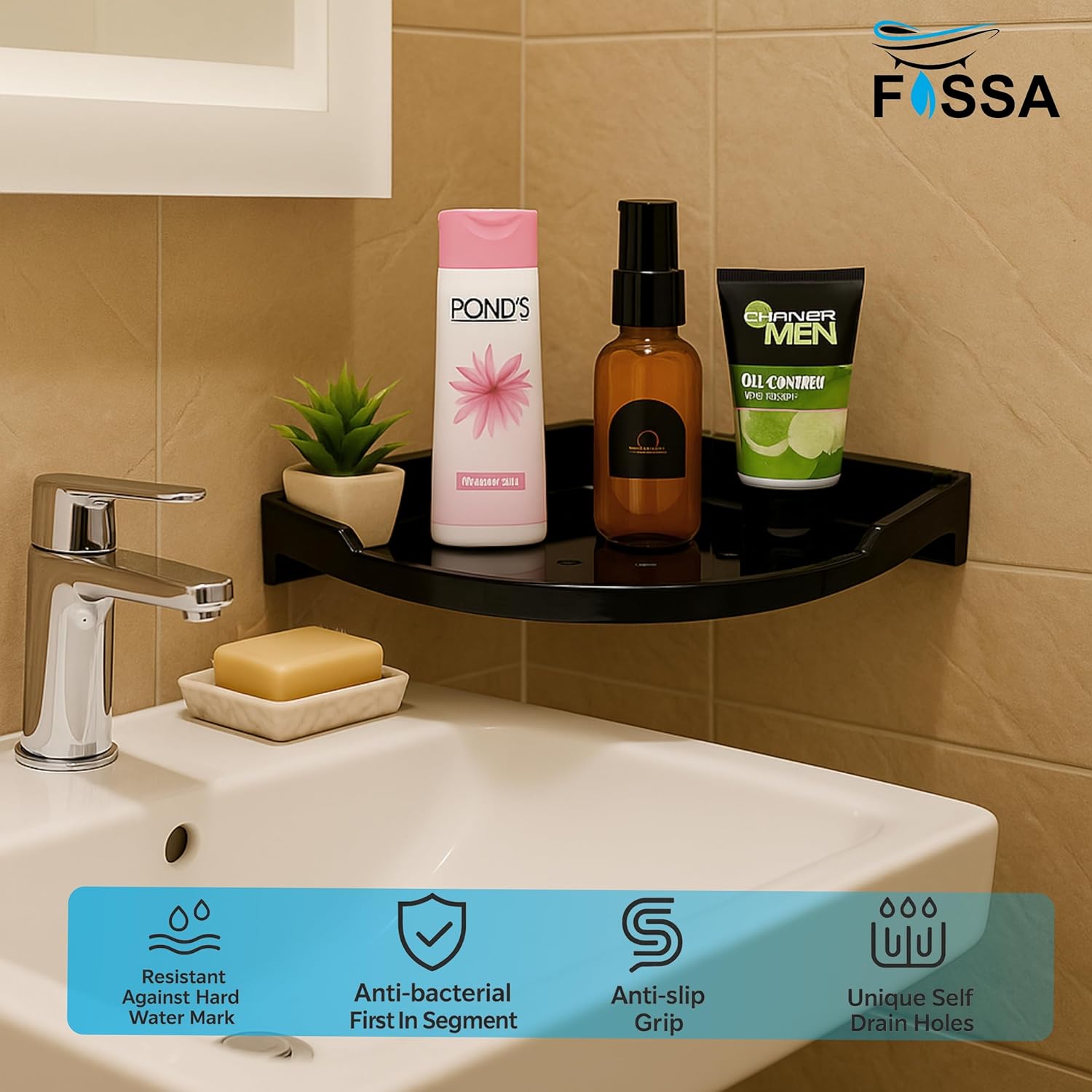 Fossa Classic Ceramic Corner Wall Shelf for Bathroom & Living Room – Wall Mounted Corner Stand for Toilet | Space-Saving Waterproof Bathroom Corner Shelf Black Glossy Finish (Black) - Fossa Home 