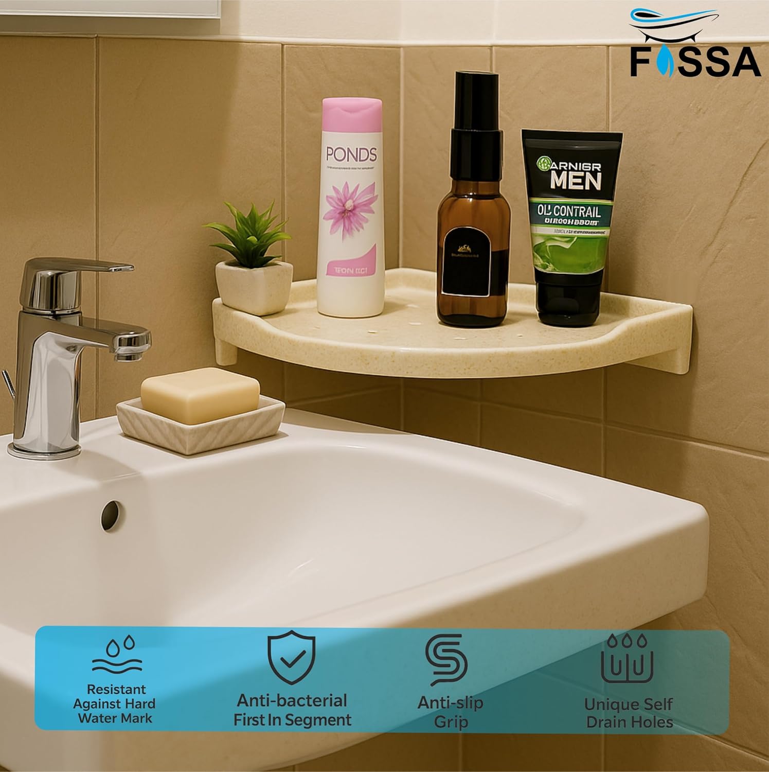 Fossa Classic Ceramic Corner Wall Shelf for Bathroom & Living Room – Wall Mounted Corner Stand for Toilet | Waterproof Space-Saving Bathroom Shelf Ivory (Glossy Finish) - Fossa Home 